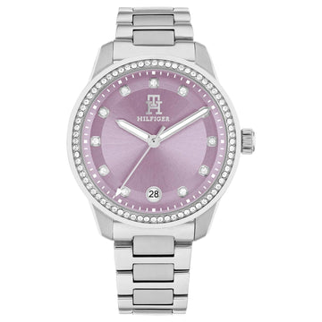 Γυναικείο ρολόι Tommy Hilfiger TH85 1782793 με ασημί ατσάλινο μπρασελέ και μωβ καντράν 36mm με ζιργκόν.